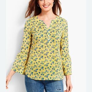 Talbots Floral Bell Sleeve Peasant Top Womens XL Yellow Blue Cotton Boho
